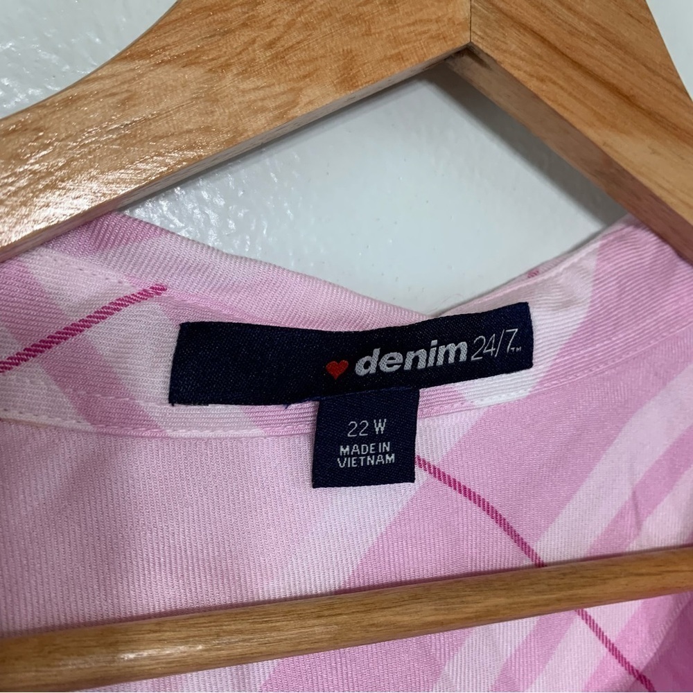 Denim 24/7 Pink Plaid Button Down High Low Hem Shirt Size 22W Valentines Day - Picture 3 of 6